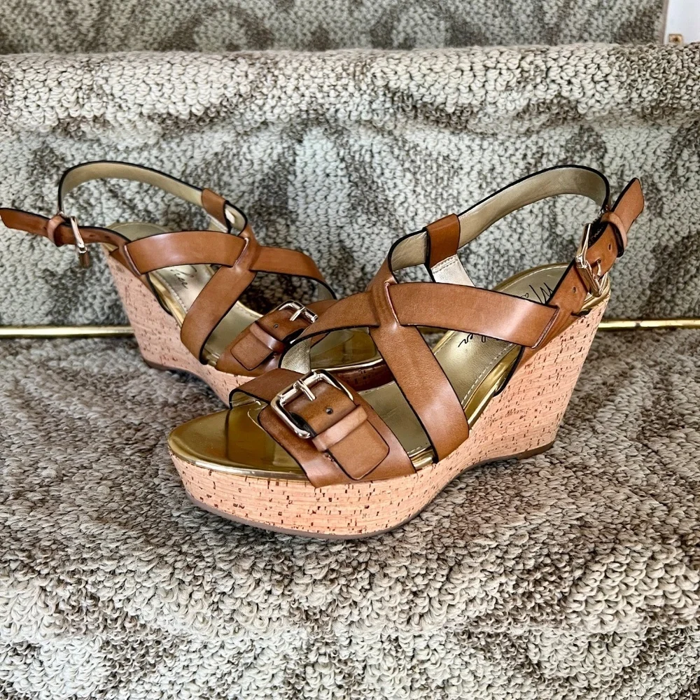 EUC Marc Fisher Gilon Brown Leather & Cork Platform Wedge Heel Sandals Size‎ 6 M - Picture 3 of 8